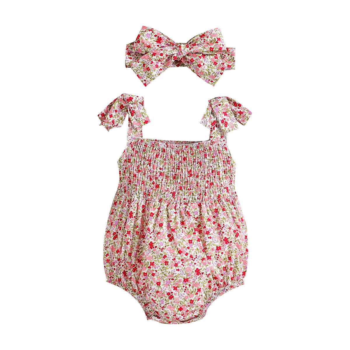 Floral Strap Smocking One-piece Romper Baby Girl Rompers - Mubimart -  