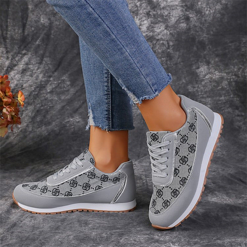 Flower Print Lace-up Sneakers Casual Fashion Lightweight Breathable Walking Running Sports Shoes Women Flats - Mubimart -  