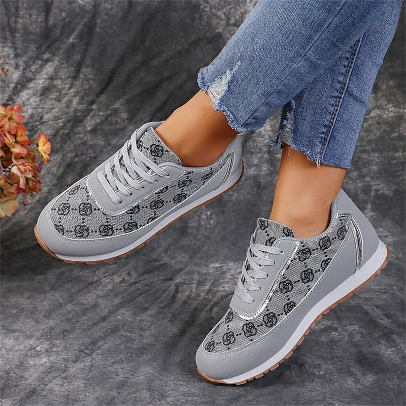 Flower Print Lace-up Sneakers Casual Fashion Lightweight Breathable Walking Running Sports Shoes Women Flats - Mubimart -  