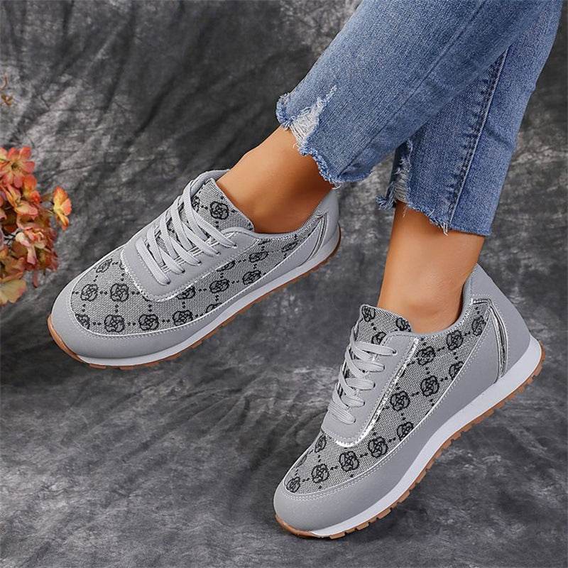 Flower Print Lace-up Sneakers Casual Fashion Lightweight Breathable Walking Running Sports Shoes Women Flats - Mubimart