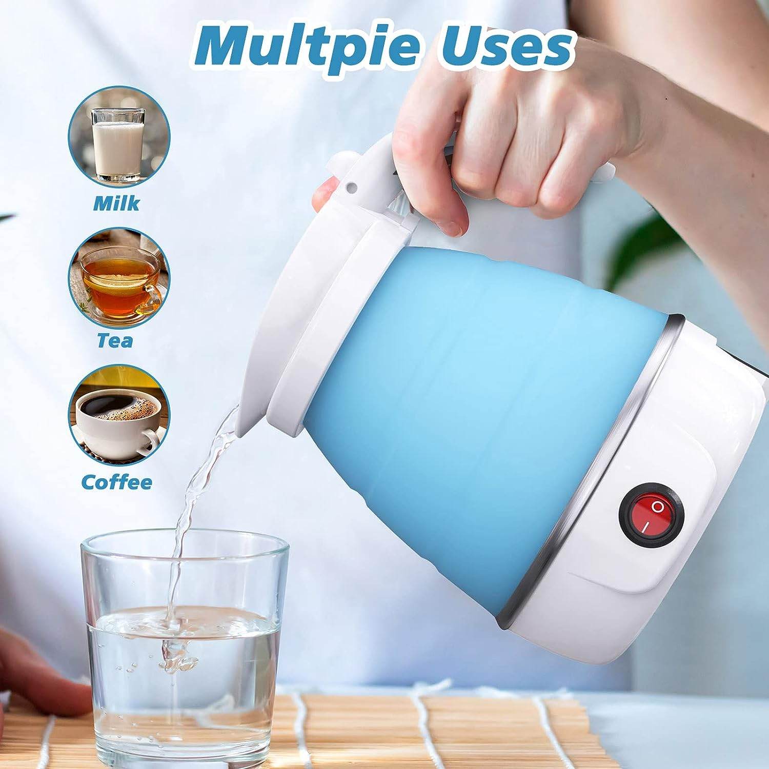 Foldable Electric Kettle, Camping Kettle, Mini Travel Kettle, Silicone Electric Water Boiler, Tea, Coffee Kettle, Collapsible Kettle With Separable Power Cord For Outdoor Hiking Camping, Blue - Mubimart