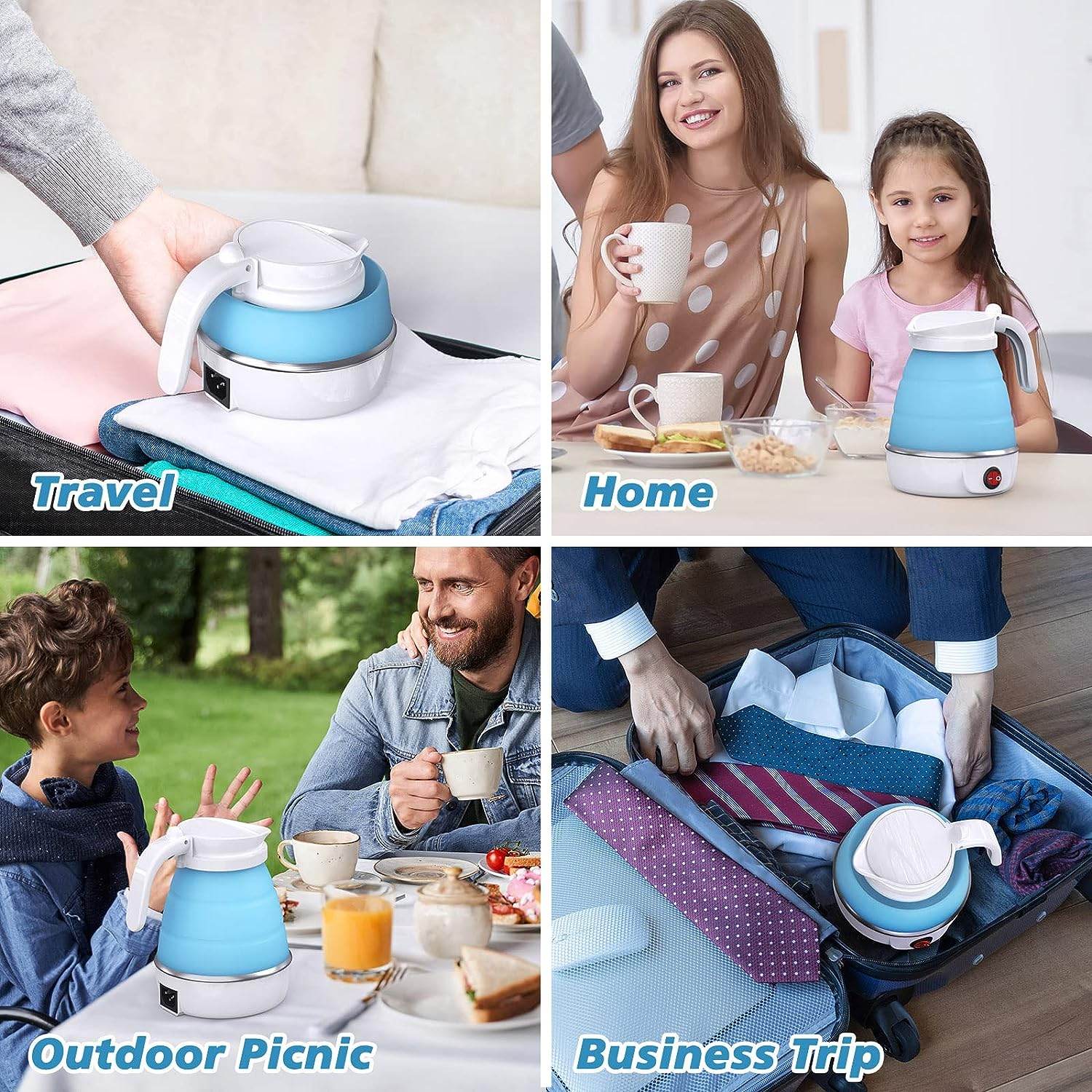 Foldable Electric Kettle, Camping Kettle, Mini Travel Kettle, Silicone Electric Water Boiler, Tea, Coffee Kettle, Collapsible Kettle With Separable Power Cord For Outdoor Hiking Camping, Blue - Mubimart