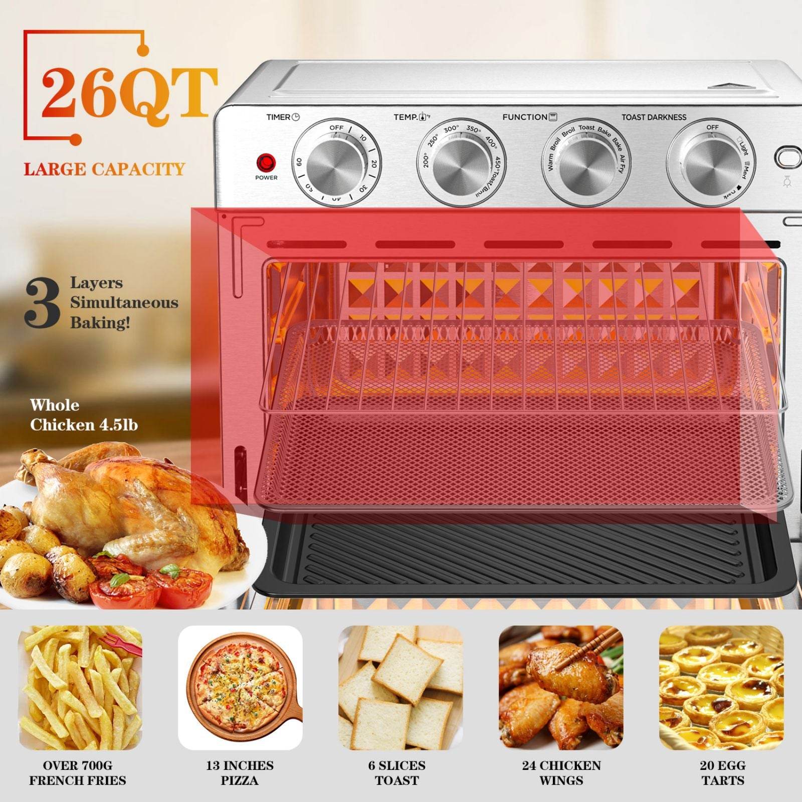 Geek Chef Air Fryer 6 Slice 26QT 26L Air Fryer Fry Oil-Free Extra Large Toaster Oven Combo Air Fryer Oven Roast Bake Broil Reheat Convection Countertop Oven Stainless St - Mubimart