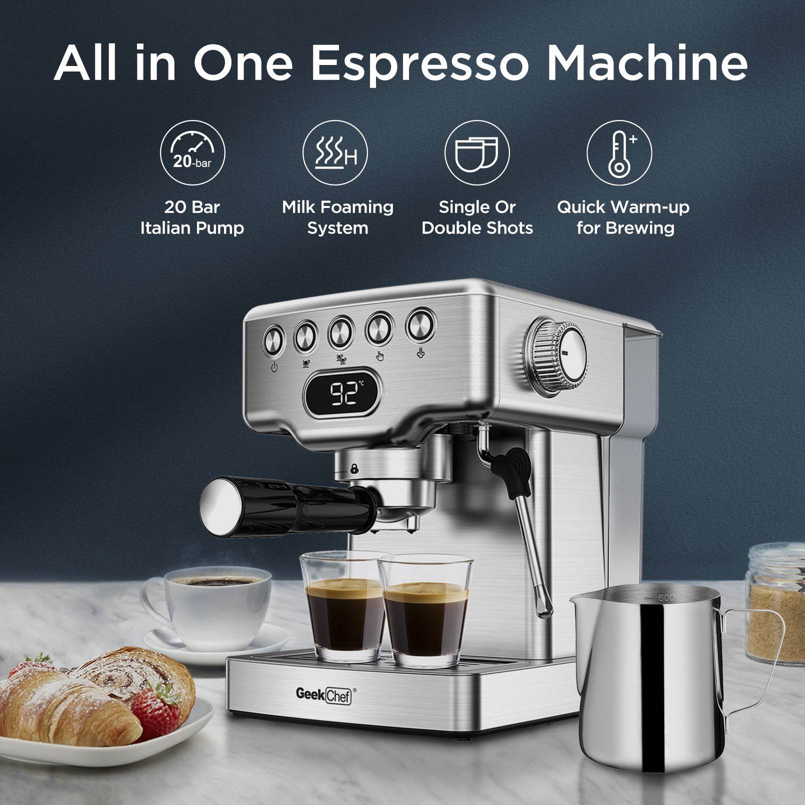 Geek Chef Espresso Machine, 20 Bar Espresso Machine With Milk Frother For Latte, Cappuccino, Macchiato, For Home Espresso Maker, 1.8L Water Tank, Stainless Steel, Ban On Amazon - Mubimart