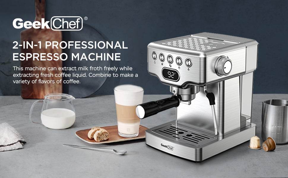 Geek Chef Espresso Machine, 20 Bar Espresso Machine With Milk Frother For Latte, Cappuccino, Macchiato, For Home Espresso Maker, 1.8L Water Tank, Stainless Steel, Ban On Amazon - Mubimart
