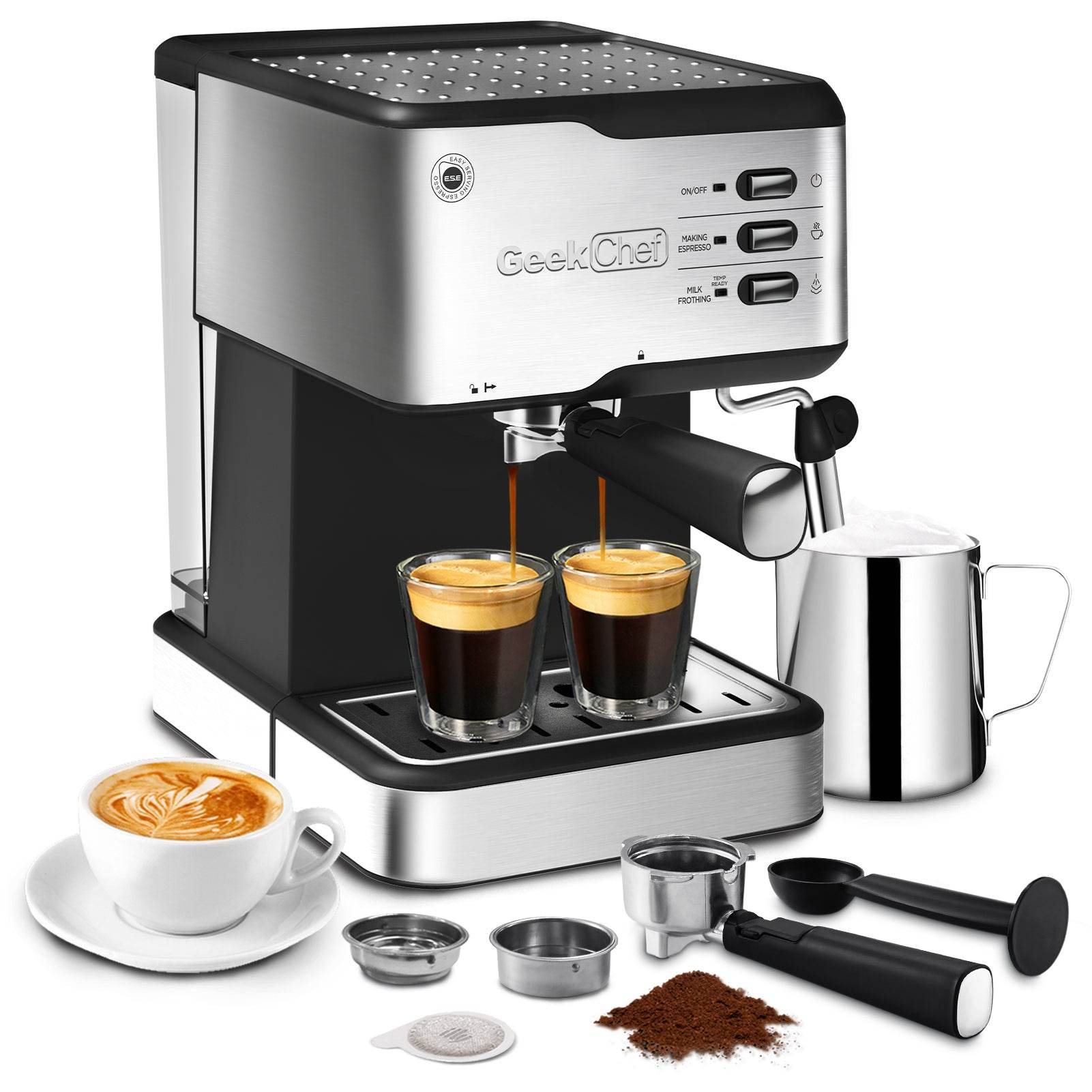 Geek Chef Espresso Machine, Espresso&Cappuccino Latte Maker 20 Bar Coffee Machine Compatible With ESE POD Capsules Filter&Milk Frother Steam Wand, 950W, 1.5L Water Tank,Ban On Amazon - Mubimart