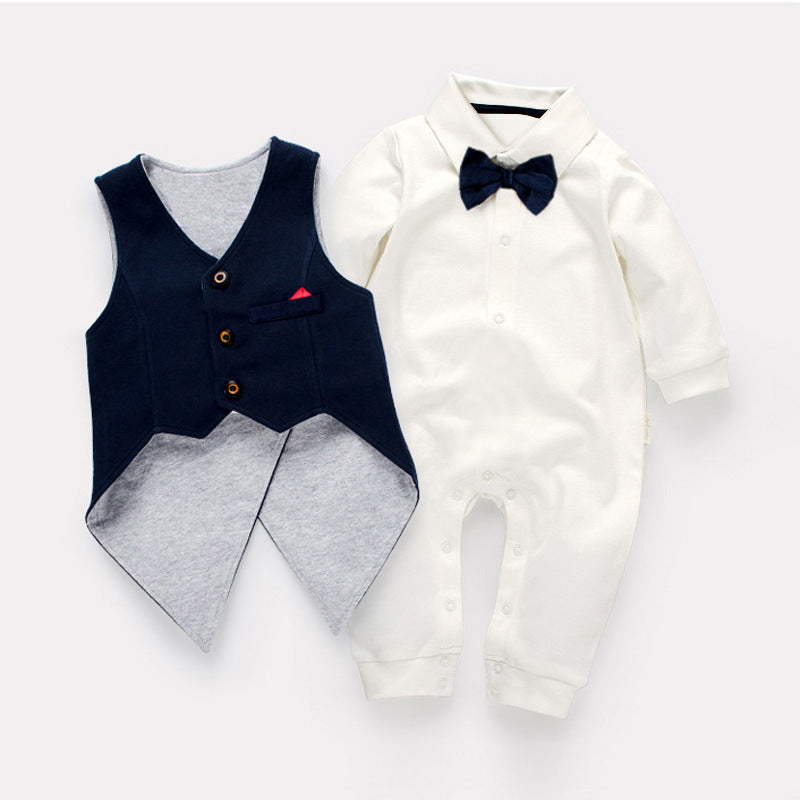 Gentleman Boys One-Piece Long Sleeve Climbing Suit Tuxedo Waistcoat Baby Boy Infant Toddler Set - Mubimart - Baby Cloth 