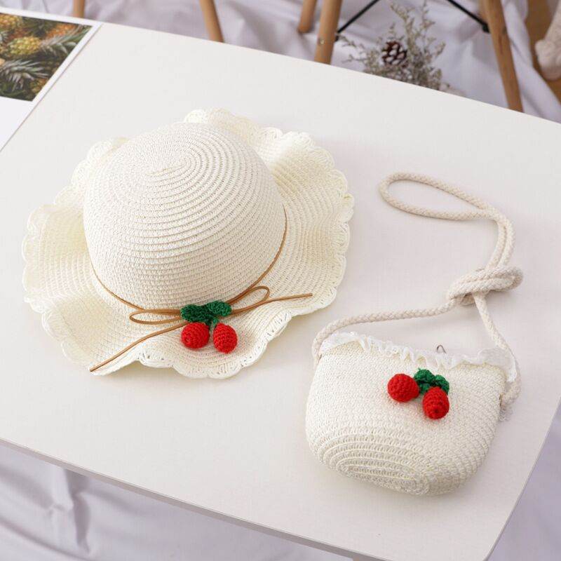 Girl Cherry Straw Hat Bag Set Princess Hat Beach Hat Sun Hat - Mubimart