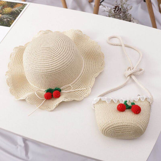 Girl Cherry Straw Hat Bag Set Princess Hat Beach Hat Sun Hat - Mubimart