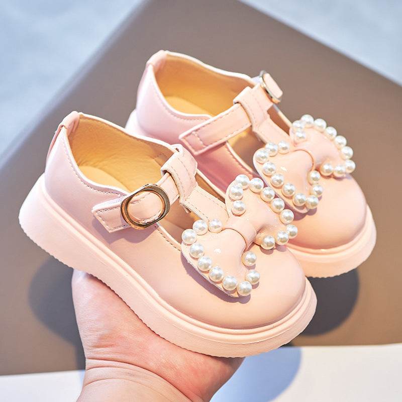 Girl Princess Bow Pearl Small Leather Shoes For Girls - Mubimart