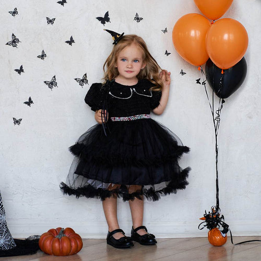 Girls' Fashion Halloween Mesh Stitching Puff Sleeve Dress - Mubimart