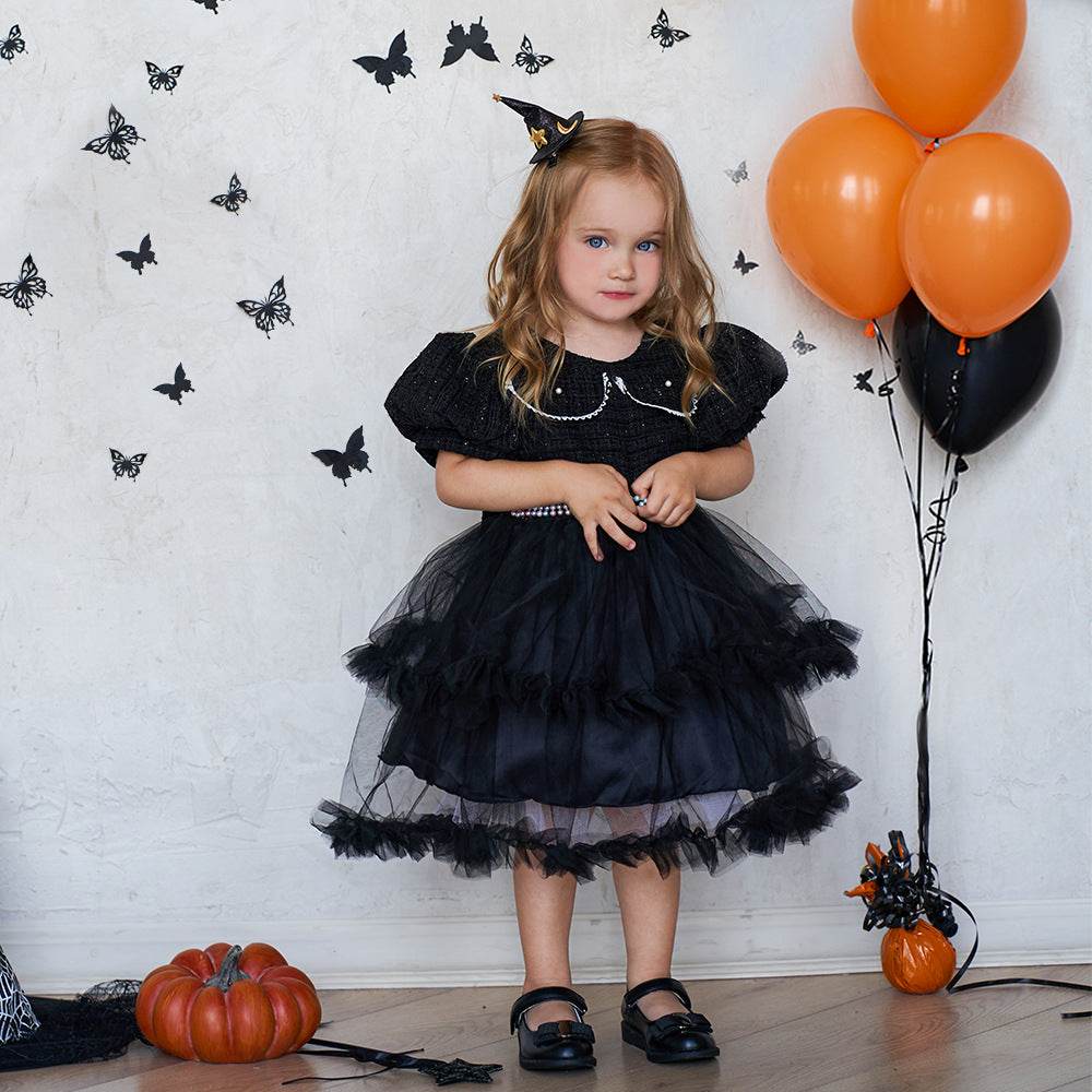 Girls' Fashion Halloween Mesh Stitching Puff Sleeve Dress - Mubimart