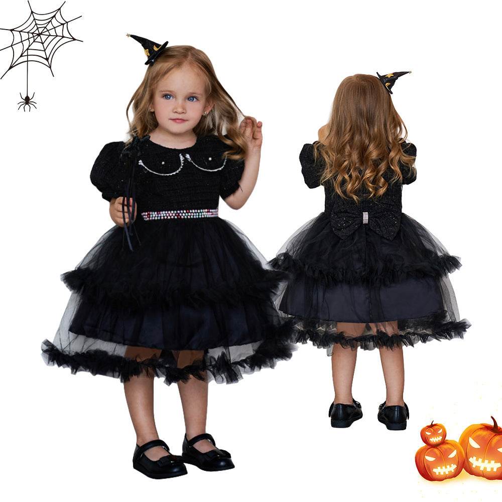 Girls' Fashion Halloween Mesh Stitching Puff Sleeve Dress - Mubimart