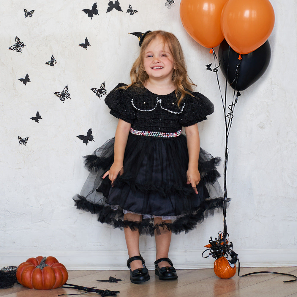 Girls' Fashion Halloween Mesh Stitching Puff Sleeve Dress - Mubimart - Girl Dress 