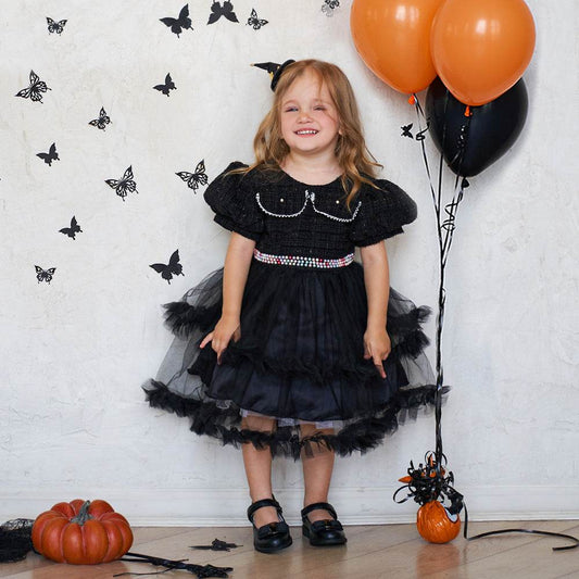 Girls' Fashion Halloween Mesh Stitching Puff Sleeve Dress - Mubimart