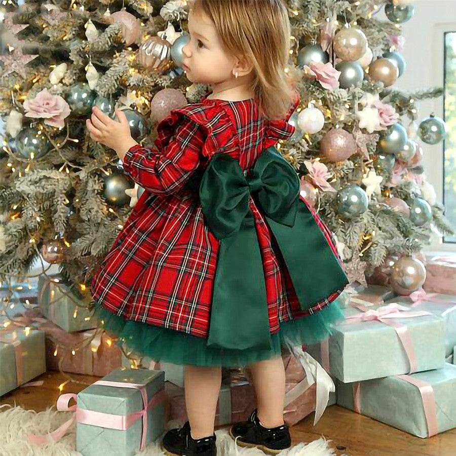 Girls Kids Red Checkered Bow Christmas Dress - Mubimart