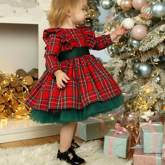 Girls Kids Red Checkered Bow Christmas Dress - Mubimart
