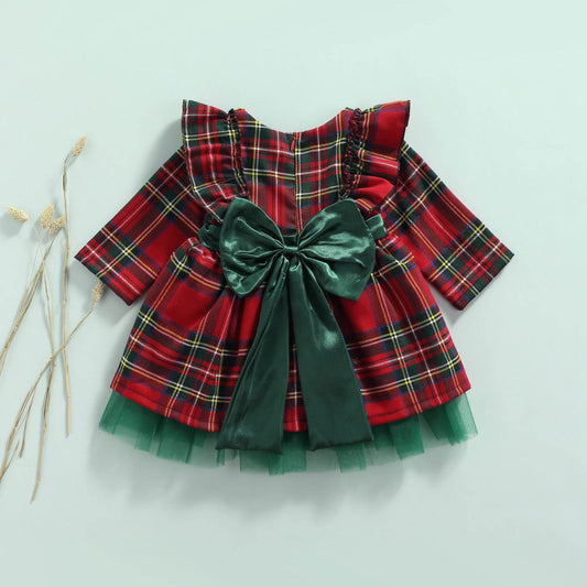 Girls Kids Red Checkered Bow Christmas Dress - Mubimart