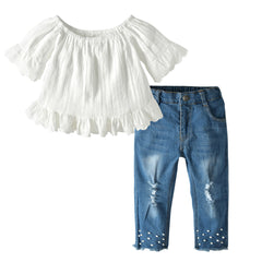 Girls Lace Pearl Jeans Set - Mubimart - Clothing Set 