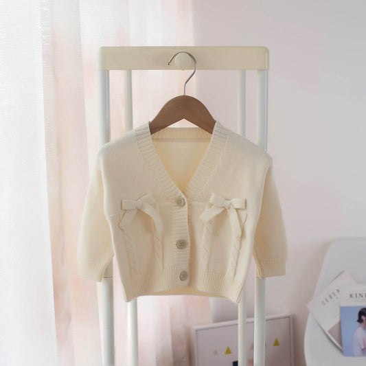 Girls V-Neck Bow Knot Kids Cardigan Kids Sweater - Mubimart