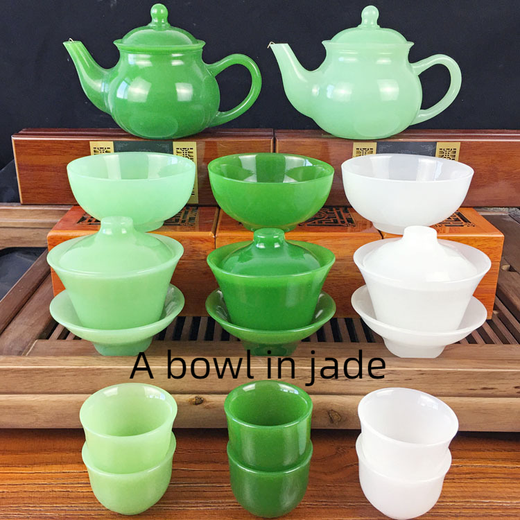 Glass Lidded Bowl Wholesale Glass Bowl Health Jade Bowl Tea Cup Jasper Green Teapot - Mubimart -  