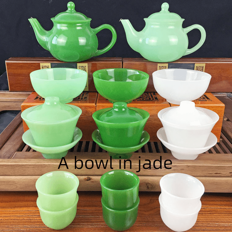 Glass Lidded Bowl Wholesale Glass Bowl Health Jade Bowl Tea Cup Jasper Green Teapot - Mubimart