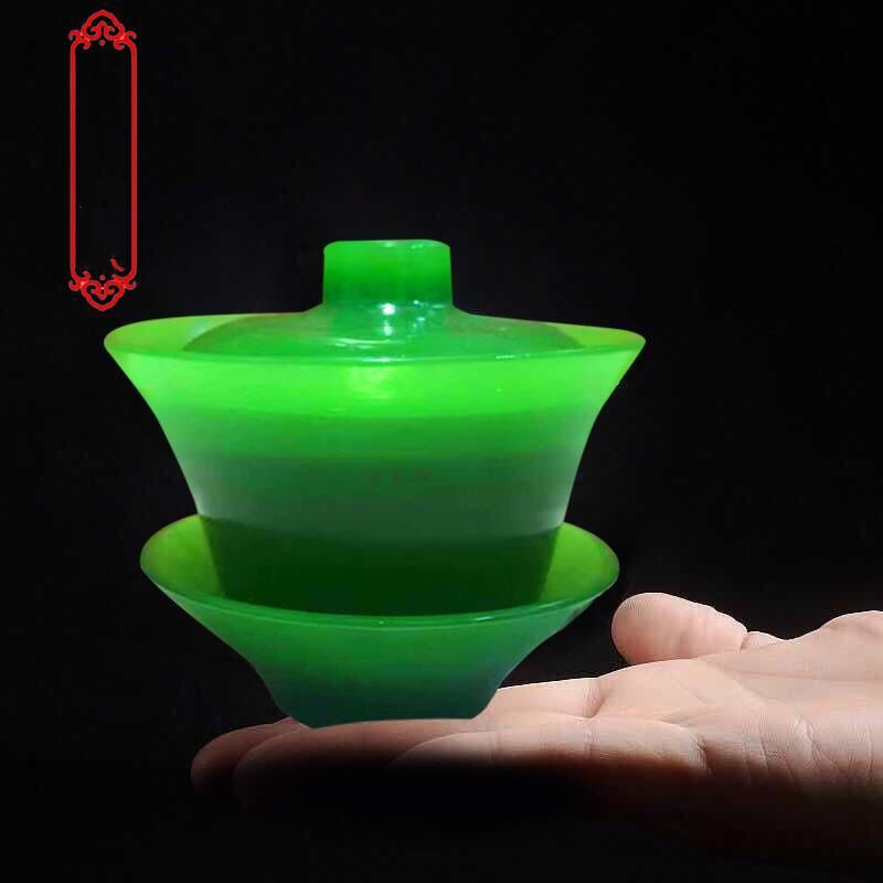 Glass Lidded Bowl Wholesale Glass Bowl Health Jade Bowl Tea Cup Jasper Green Teapot - Mubimart -  