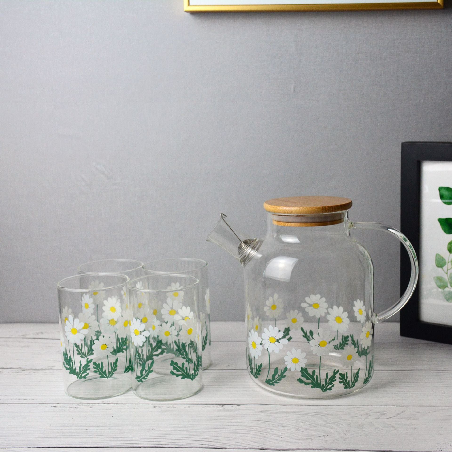 Glass Little Printed Glass Jug Set Summer Cold Water Bottle - Mubimart - Water glass 