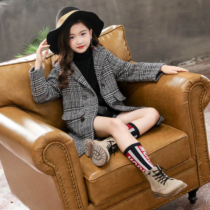 Gray plaid houndstooth coat for girls - Mubimart