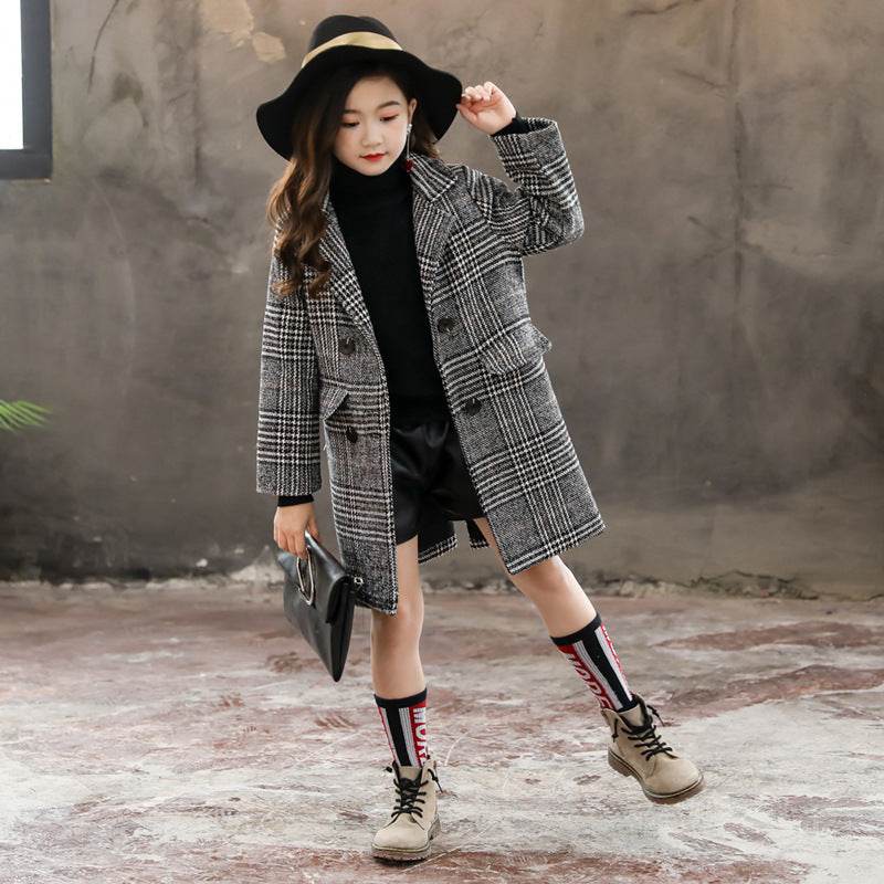 Gray plaid houndstooth coat for girls - Mubimart