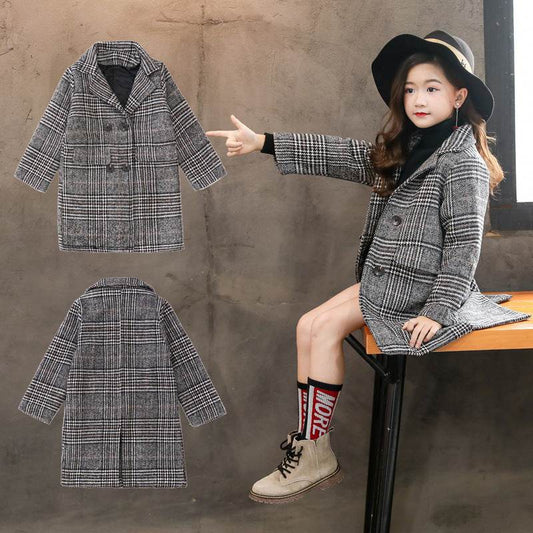 Gray plaid houndstooth coat for girls - Mubimart