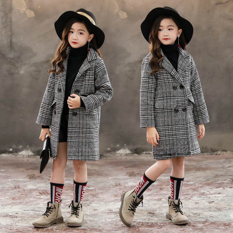 Gray plaid houndstooth coat for girls - Mubimart