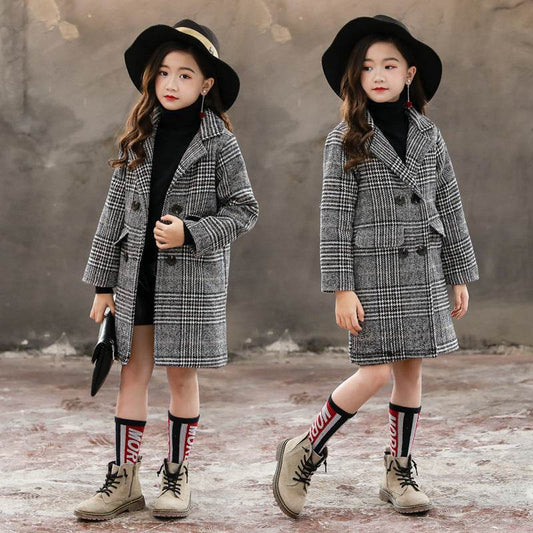 Gray plaid houndstooth coat for girls - Mubimart