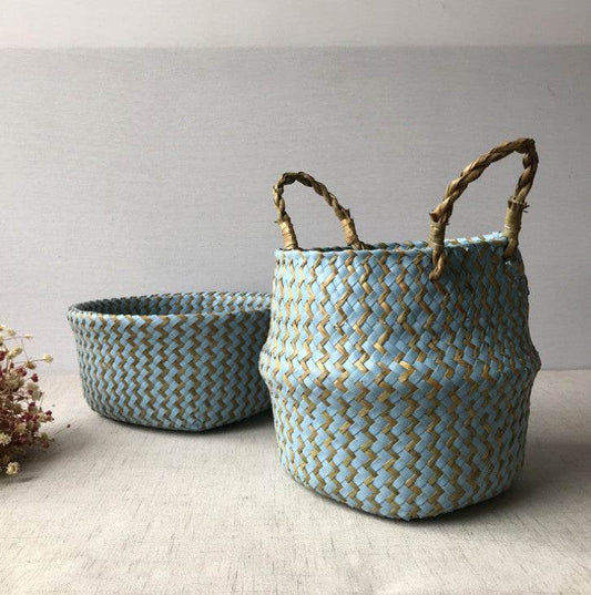 Green plant seaweed woven flower basket portable flowerpot dry flower basket hand woven storage basket sundry basket - Mubimart