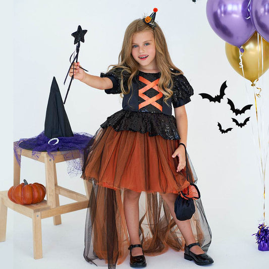 Halloween Girls' Witch Performance Costume Party Dress - Mubimart