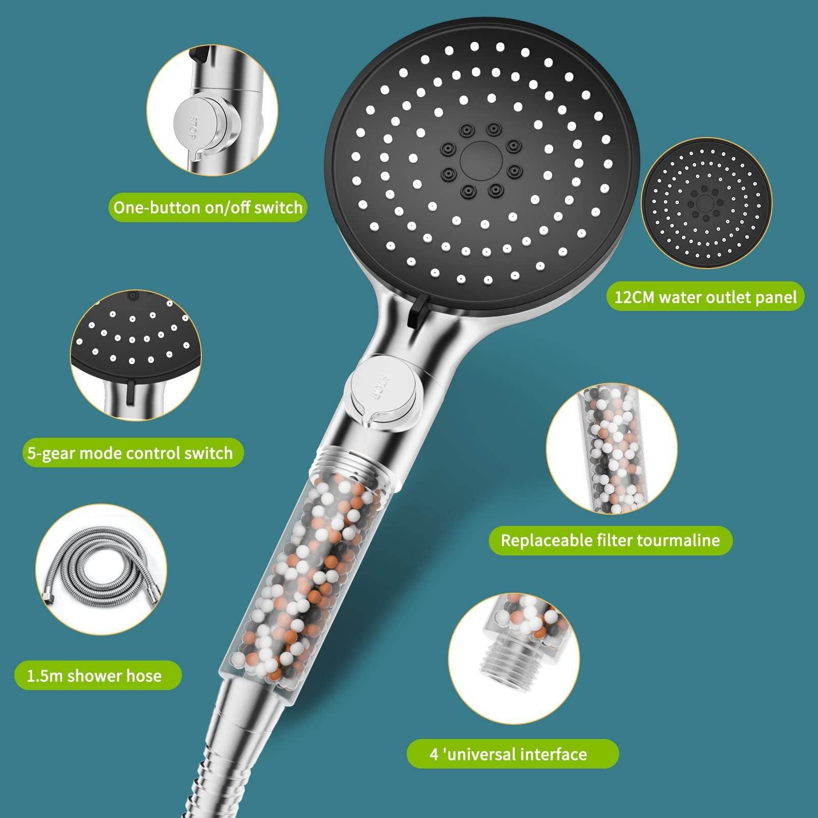 Handheld Shower Head With 1.5 Meter Hose And On Off Button - Mubimart