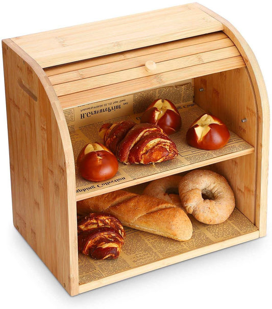 Home Fashion Bamboo Two Layer Bread Box - Mubimart