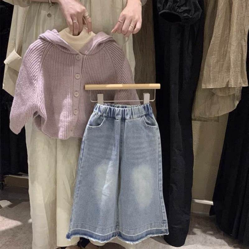 Hooded Sweater Outerwear Baby Girl Jeans Two-piece Set - Mubimart
