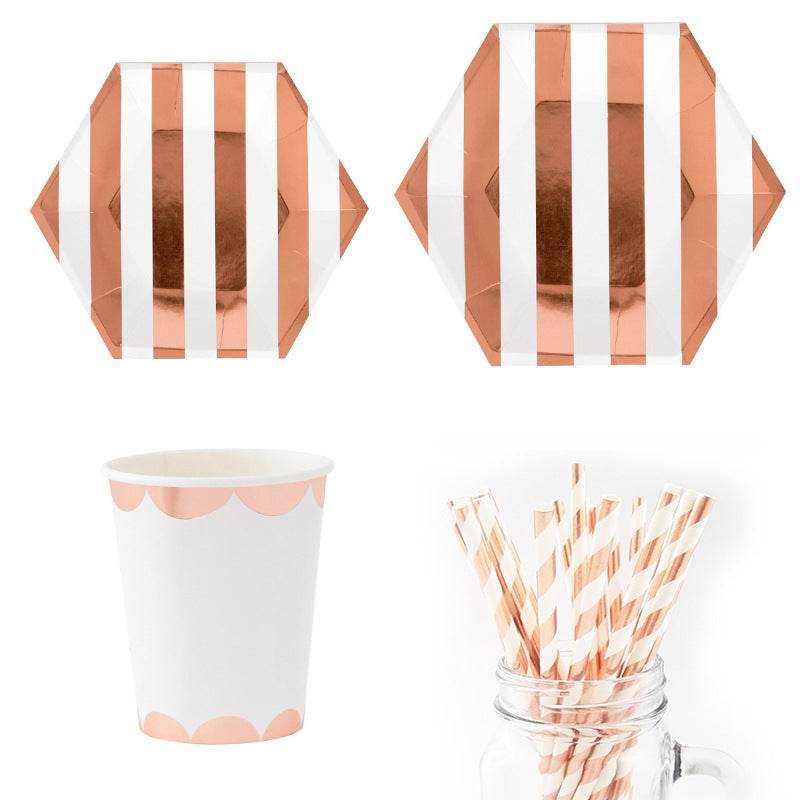 Hot Rose Gold Hexagonal Striped Paper Plate Paper Cup - Mubimart