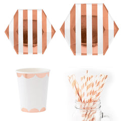 Hot Rose Gold Hexagonal Striped Paper Plate Paper Cup - Mubimart - Disposable Cups 