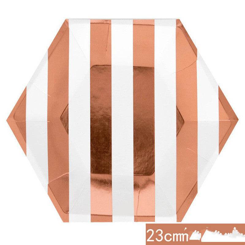 Hot Rose Gold Hexagonal Striped Paper Plate Paper Cup - Mubimart