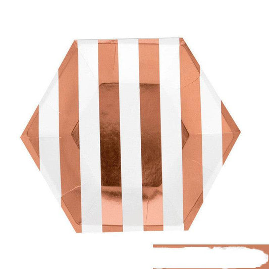 Hot Rose Gold Hexagonal Striped Paper Plate Paper Cup - Mubimart