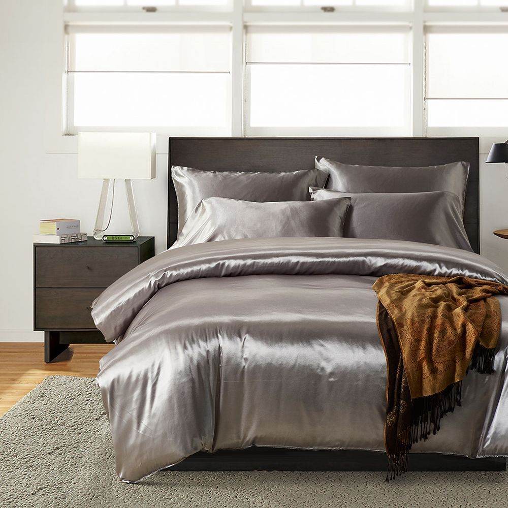 Hotel Home Solid Color Imitated Silk Luxury Satin 3pcs Comforter Bedding Set - Mubimart