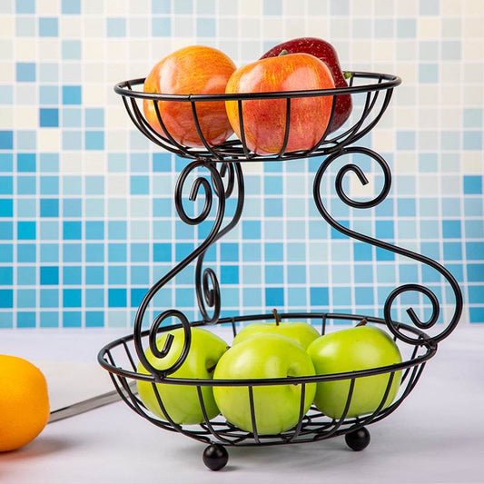 Household Iron 2 Tier Fruit Basket Vintage Style Storage Basket Living Room Fruit Basket Creative Iron Snack Container Black - Mubimart