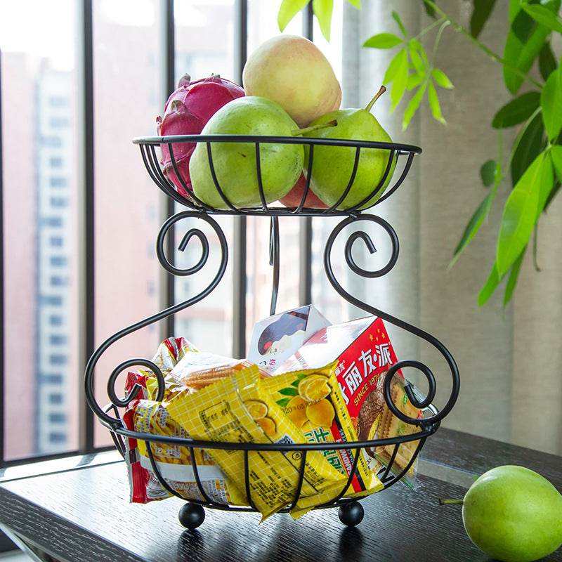 Household Iron 2 Tier Fruit Basket Vintage Style Storage Basket Living Room Fruit Basket Creative Iron Snack Container Black - Mubimart