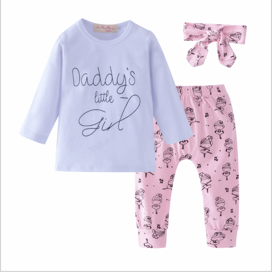 Infant Baby Girls Clothes Daddy's Little Girl T-shirt Cartoon Pants Headband Toddler Outfits Clothing Set - Mubimart