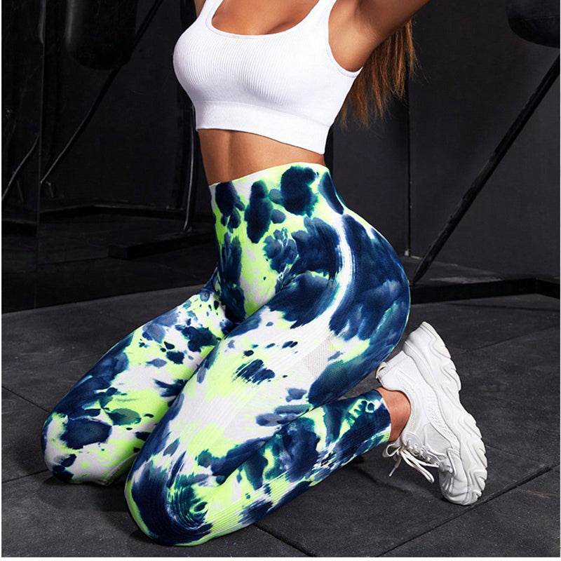 Ink Tie-dye Printed Yoga Pants Seamless High Waist Tight Hip Lifting Leggings Sports Running Fitness Trousers For Women - Mubimart