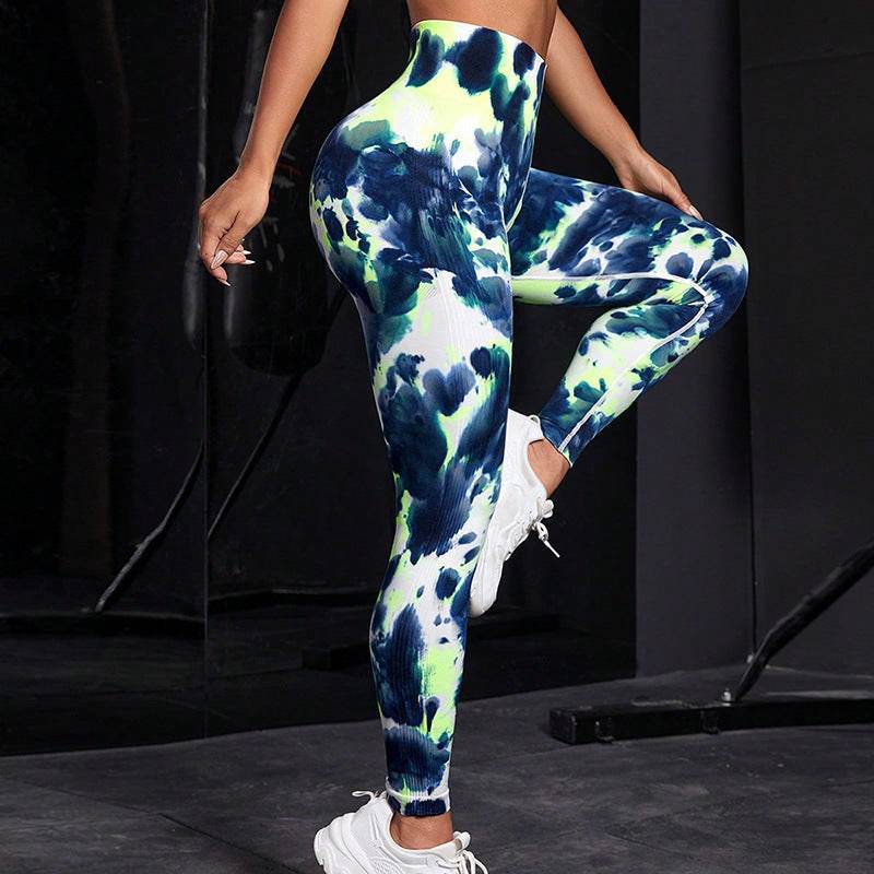 Ink Tie-dye Printed Yoga Pants Seamless High Waist Tight Hip Lifting Leggings Sports Running Fitness Trousers For Women - Mubimart
