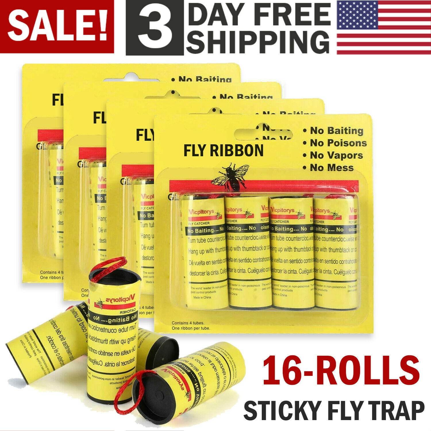 Insect Bug Fly Glue Paper Catcher Trap Ribbon Tape Strip Sticky Flies 16 Rolls - Mubimart