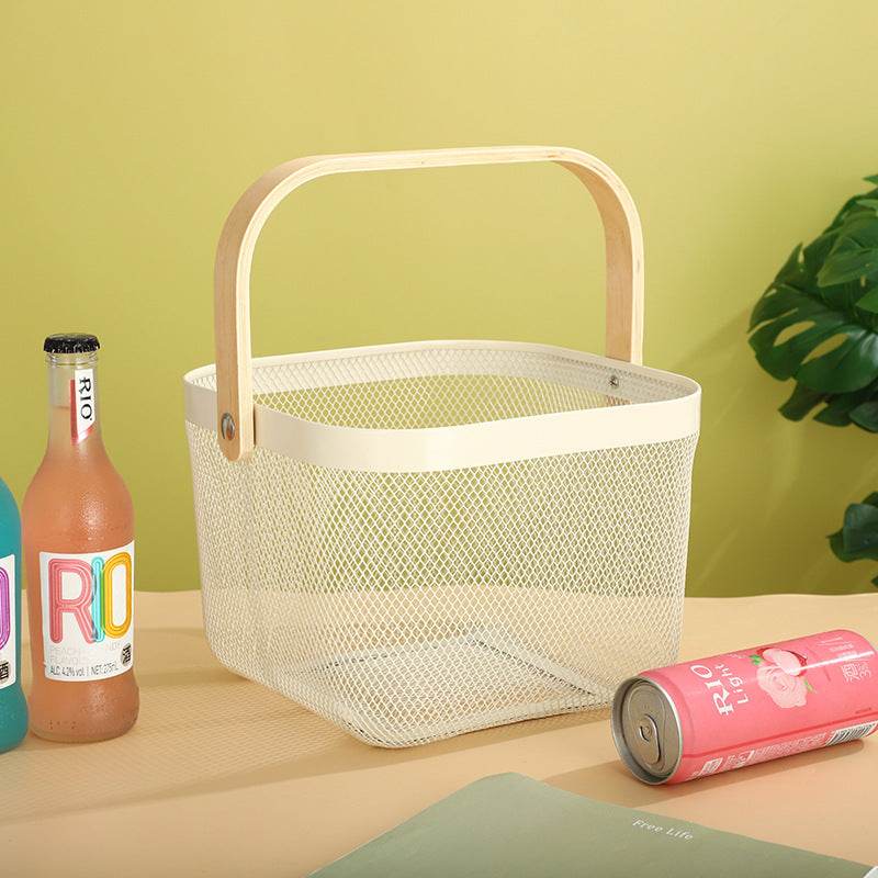 Iron Portable Storage Basket Wooden Handle - Mubimart